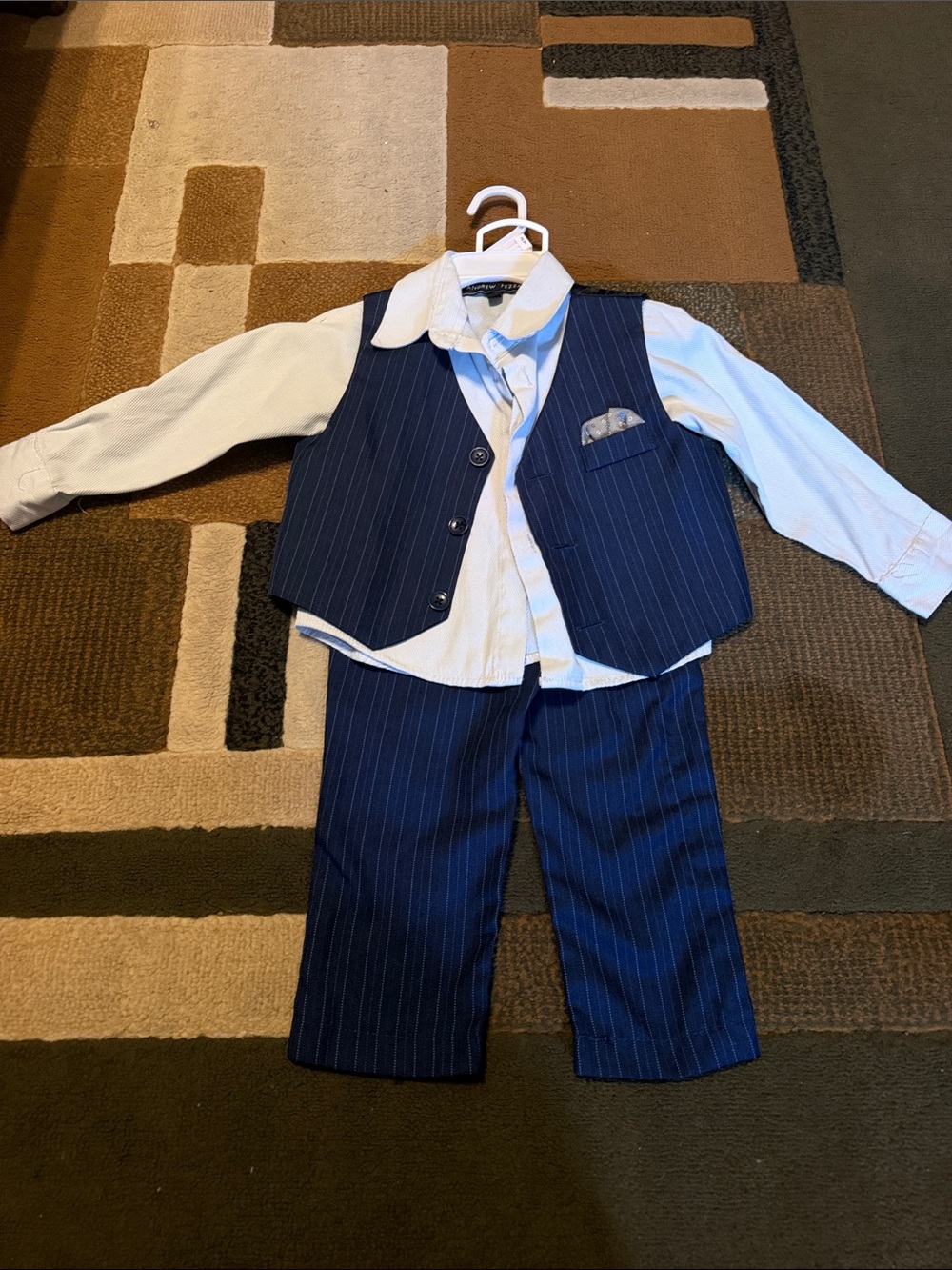 Andrew Fezza Boys Navy Pinstripe Vest Suit Set with White Shirt